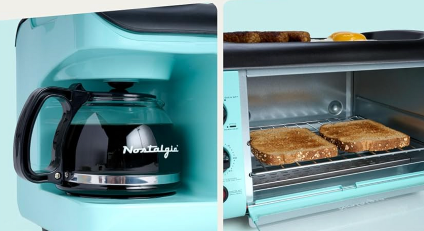 3-in-1 Breakfast Station with Coffee Maker, Non-Stick Griddle, and 4-Slice Toaster Oven – Aqua