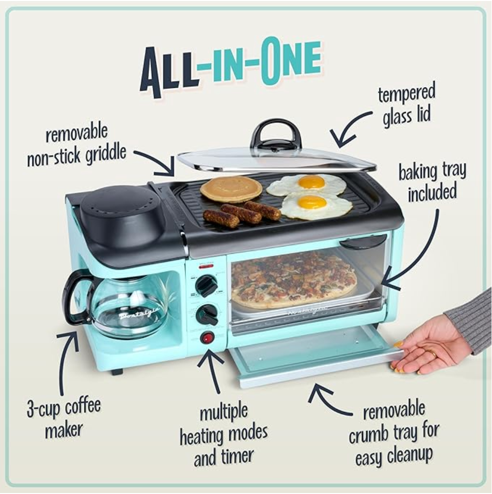 3-in-1 Breakfast Station with Coffee Maker, Non-Stick Griddle, and 4-Slice Toaster Oven – Aqua