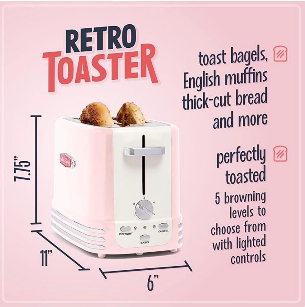 Retro Wide 2-Slice Toaster with Crumb Tray, Cord Storage & 5 Toasting Levels – Pink