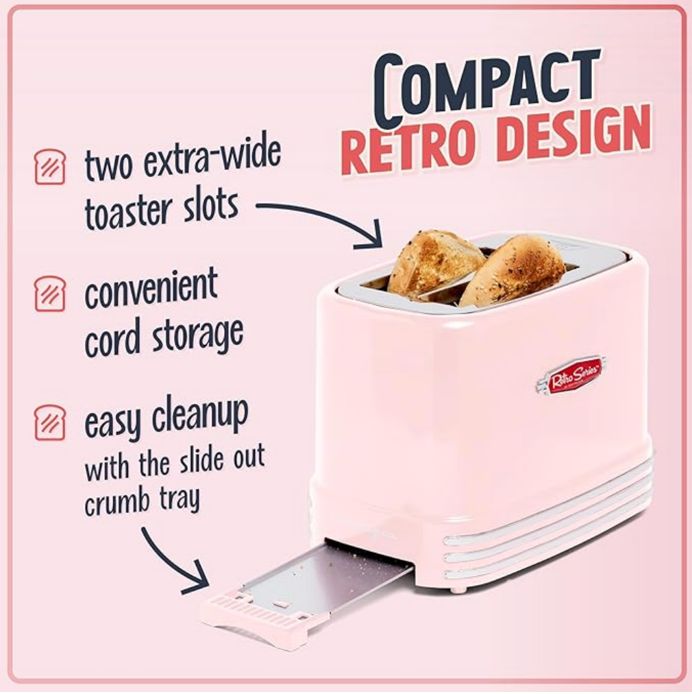 Retro Wide 2-Slice Toaster with Crumb Tray, Cord Storage & 5 Toasting Levels – Pink