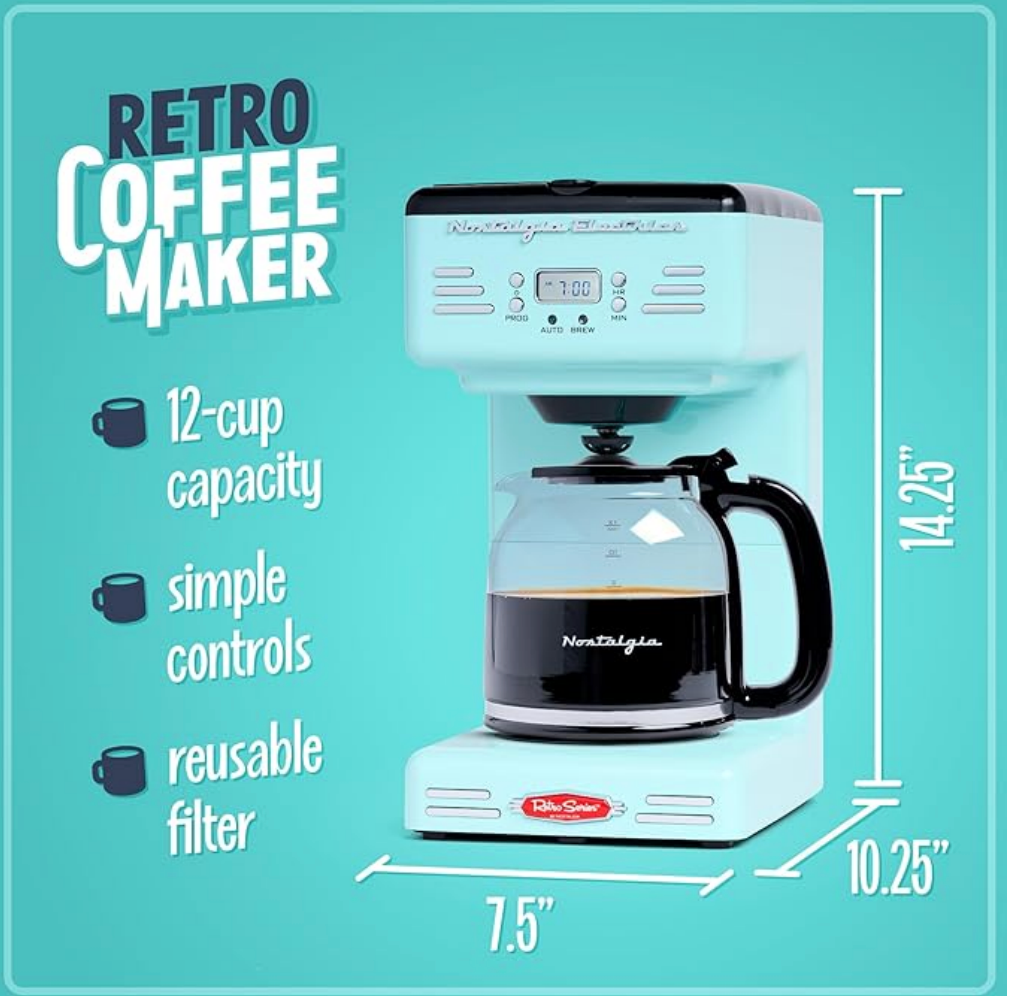 Retro 12-Cup Programmable Coffee Maker with LED Display, Auto Shut-Off, Keep Warm & Pause-and-Serve Function – Aqua