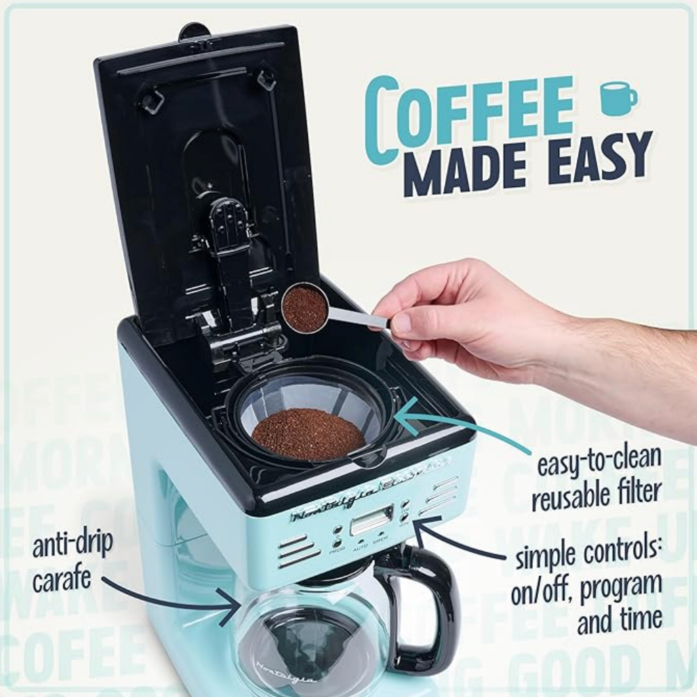 Retro 12-Cup Programmable Coffee Maker with LED Display, Auto Shut-Off, Keep Warm & Pause-and-Serve Function – Aqua