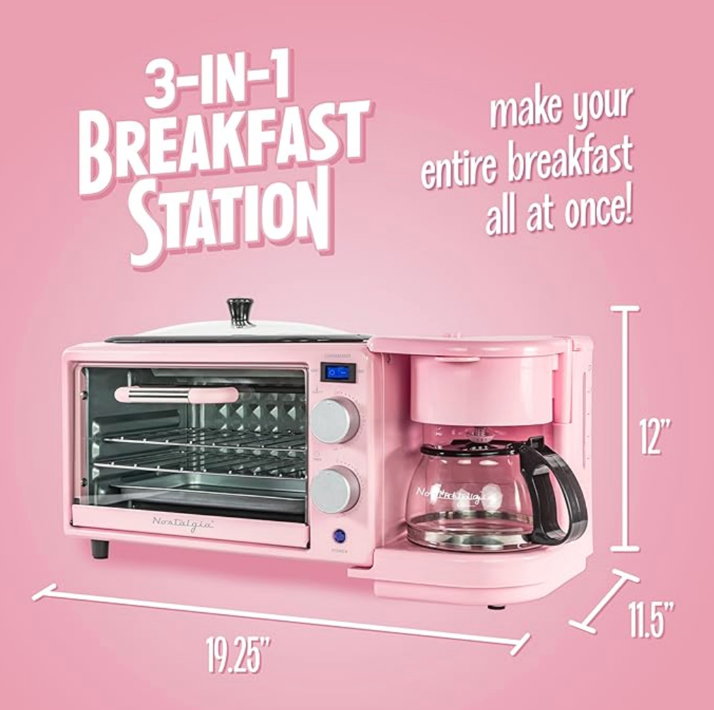 3-in-1 Retro Breakfast Station with 5-Cup Coffee Maker, Non-Stick Ceramic Griddle, and 4-Slice Toaster Oven – Pink