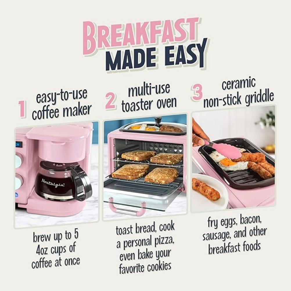 3-in-1 Retro Breakfast Station with 5-Cup Coffee Maker, Non-Stick Ceramic Griddle, and 4-Slice Toaster Oven – Pink