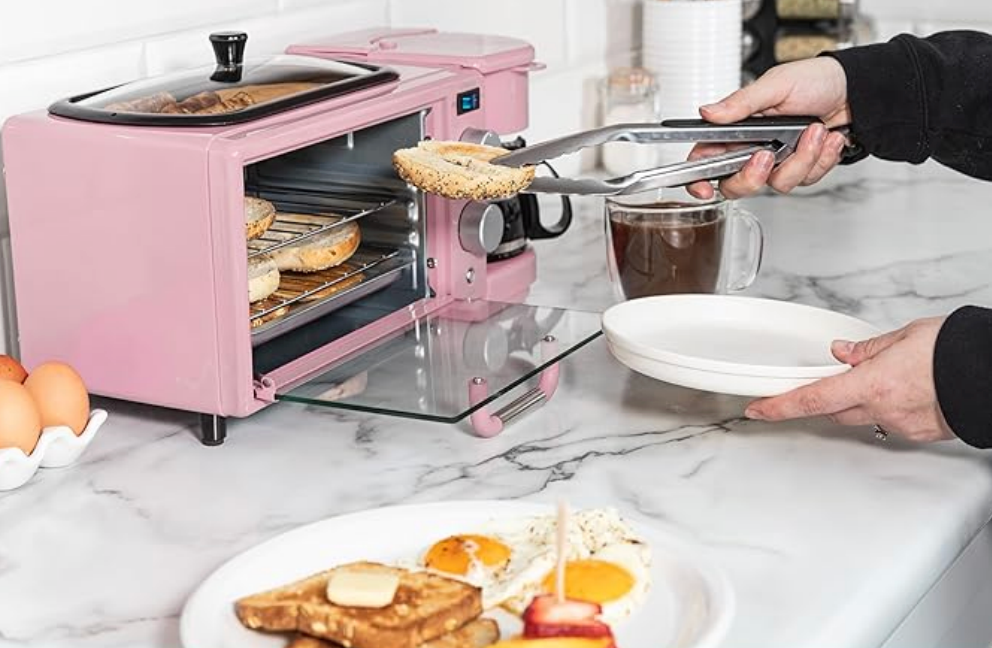 3-in-1 Retro Breakfast Station with 5-Cup Coffee Maker, Non-Stick Ceramic Griddle, and 4-Slice Toaster Oven – Pink