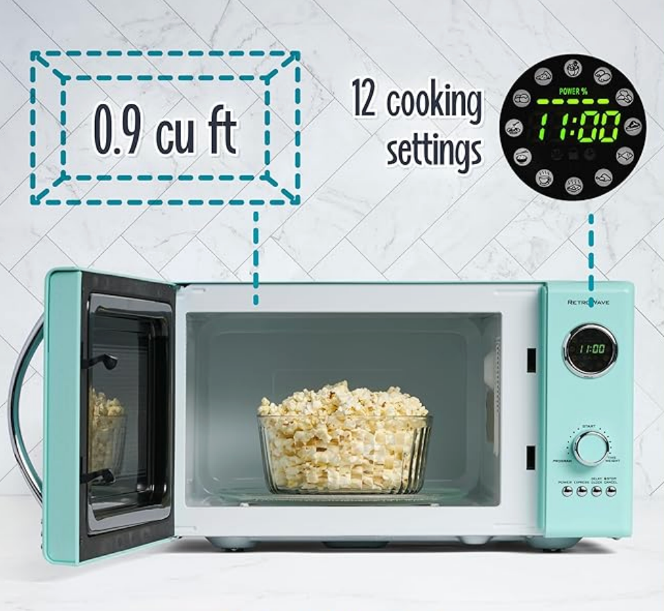 Retro Countertop Microwave Oven, 0.9 Cu. Ft., 800 Watts with LED Digital Display, Child Lock, Easy Clean Interior – Aqua