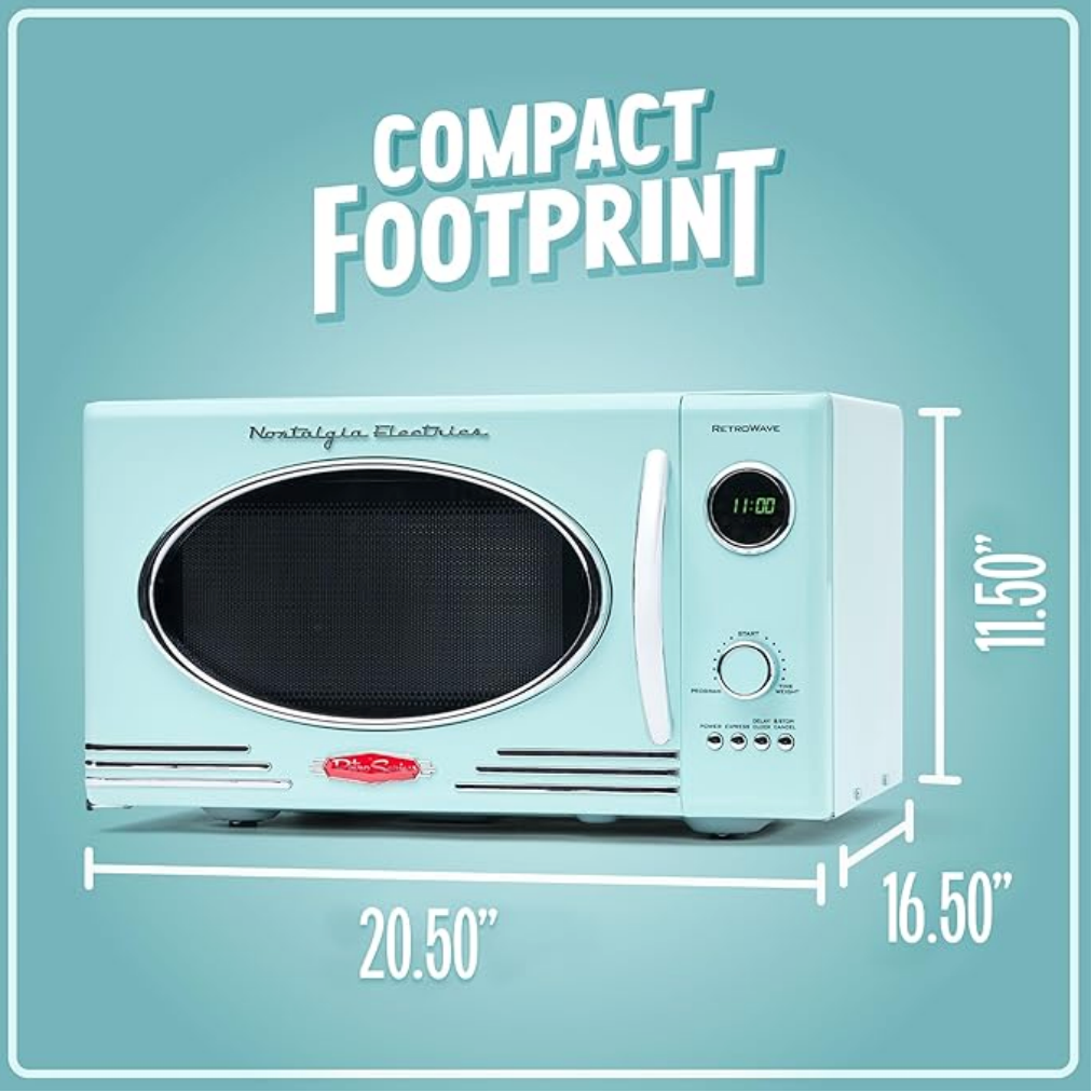 Retro Countertop Microwave Oven, 0.9 Cu. Ft., 800 Watts with LED Digital Display, Child Lock, Easy Clean Interior – Aqua