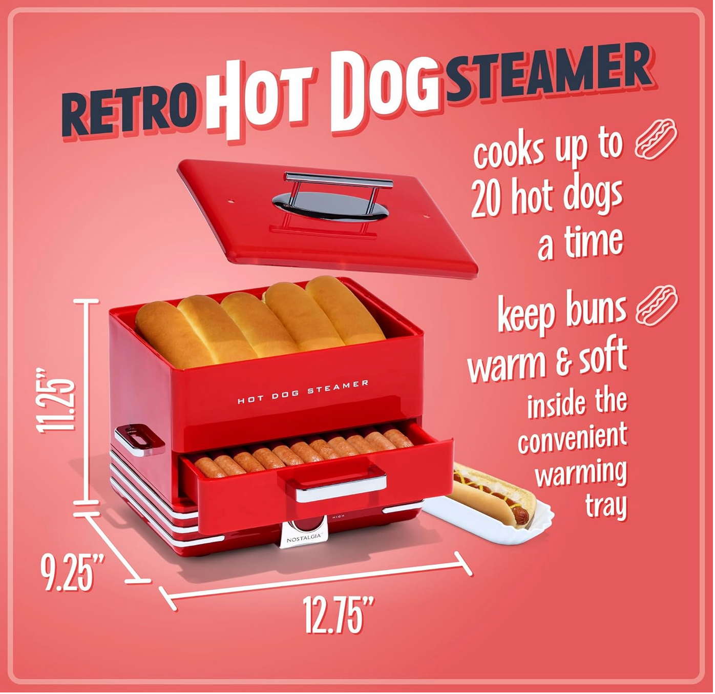 Extra Large Diner-Style Steamer with 20 Hot Dog and 6 Bun Capacity – Ideal for Sausages, Brats, Vegetables, and Fish