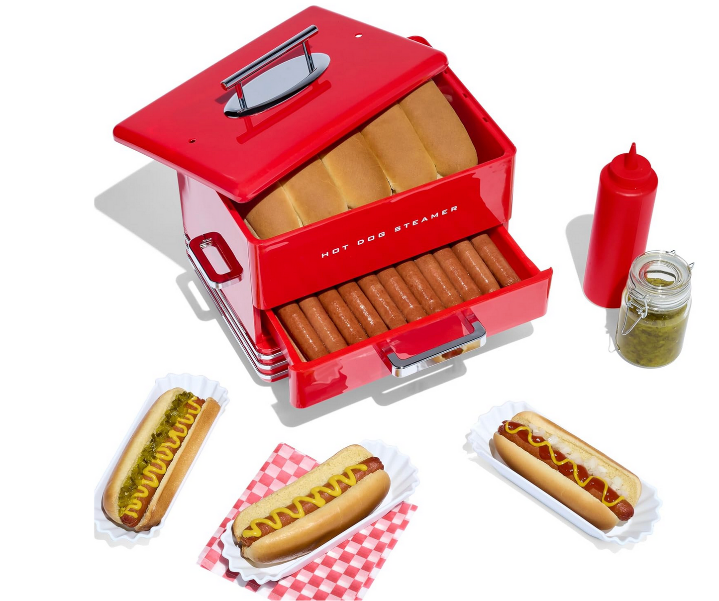 Extra Large Diner-Style Steamer with 20 Hot Dog and 6 Bun Capacity – Ideal for Sausages, Brats, Vegetables, and Fish