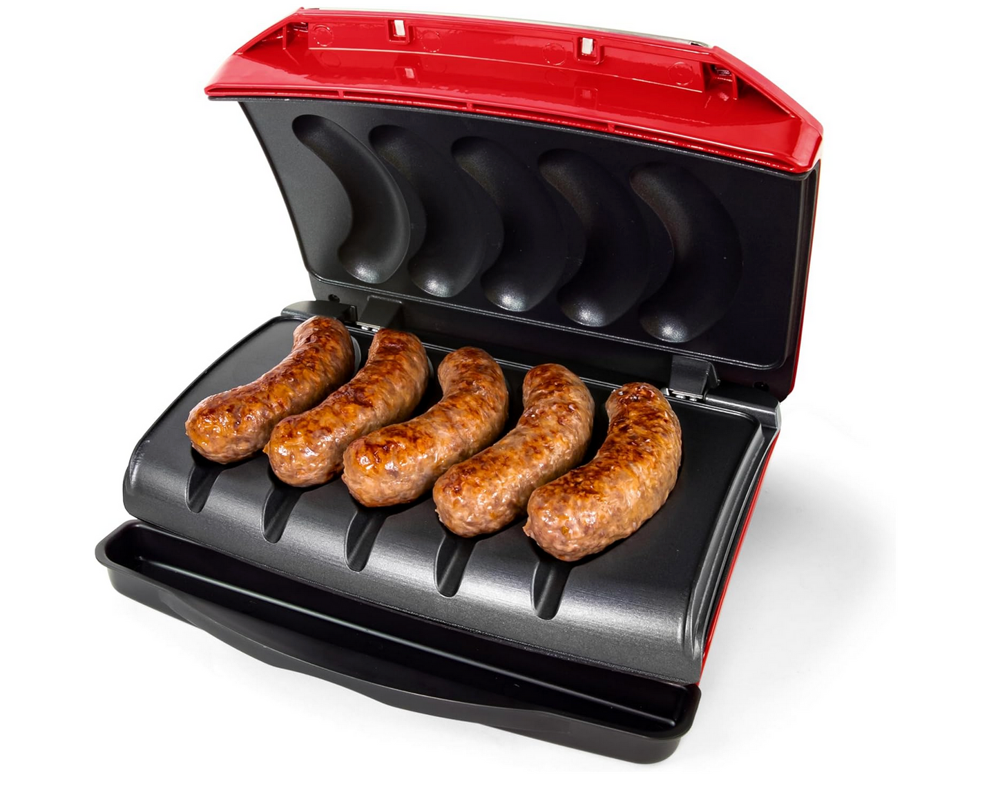 Nostalgia 5-Link Electric Sausage and Brat Grill with Drip Tray, Handle, and Cord Storage — Perfect for Beef, Turkey, Chicken, Veggie Sausages, and Hot Dogs