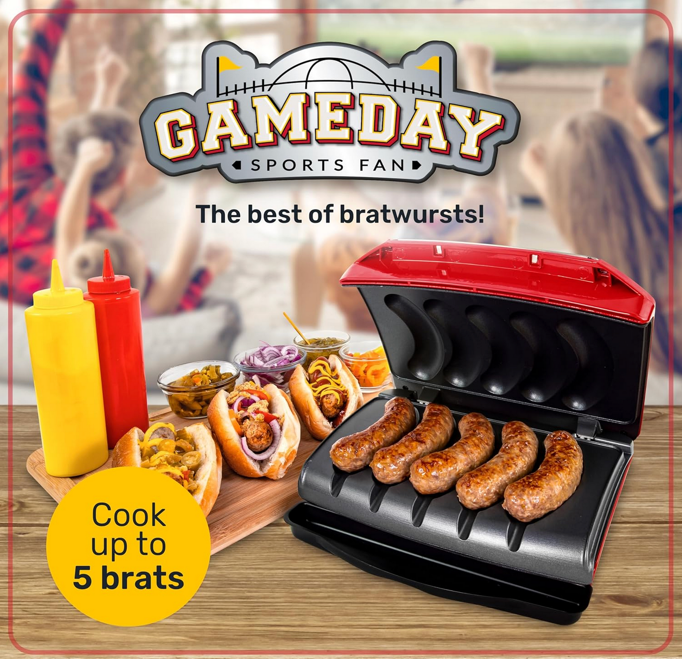 Nostalgia 5-Link Electric Sausage and Brat Grill with Drip Tray, Handle, and Cord Storage — Perfect for Beef, Turkey, Chicken, Veggie Sausages, and Hot Dogs