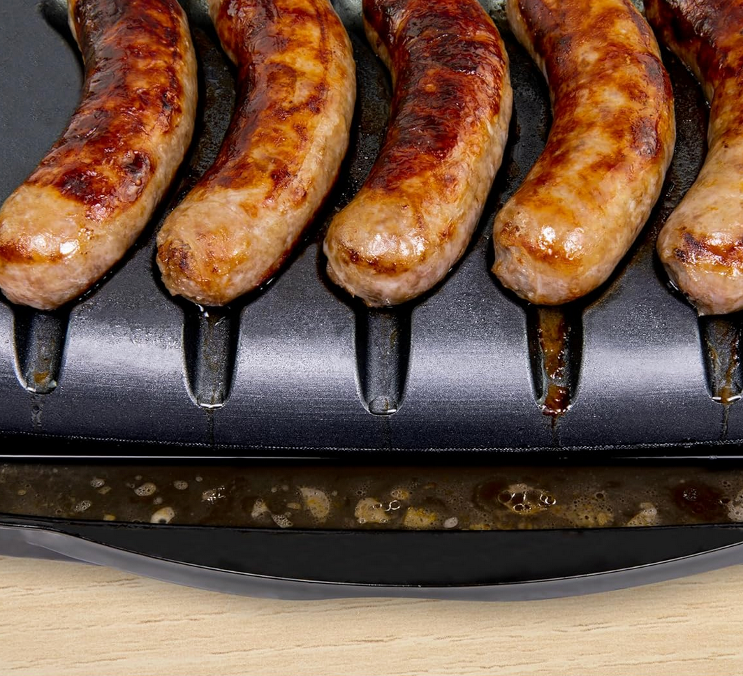 Nostalgia 5-Link Electric Sausage and Brat Grill with Drip Tray, Handle, and Cord Storage — Perfect for Beef, Turkey, Chicken, Veggie Sausages, and Hot Dogs