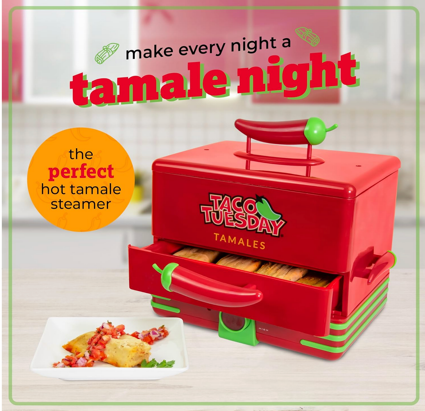 2-Tier Electric Food Steamer for Tamales, Veggies, Potstickers, Hot Dogs, and Eggs — Red & Green