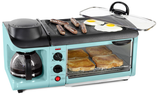 3-in-1 Breakfast Station with Coffee Maker, Non-Stick Griddle, and 4-Slice Toaster Oven – Aqua