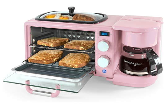3-in-1 Retro Breakfast Station with 5-Cup Coffee Maker, Non-Stick Ceramic Griddle, and 4-Slice Toaster Oven – Pink