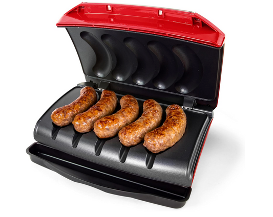 Nostalgia 5-Link Electric Sausage and Brat Grill with Drip Tray, Handle, and Cord Storage — Perfect for Beef, Turkey, Chicken, Veggie Sausages, and Hot Dogs