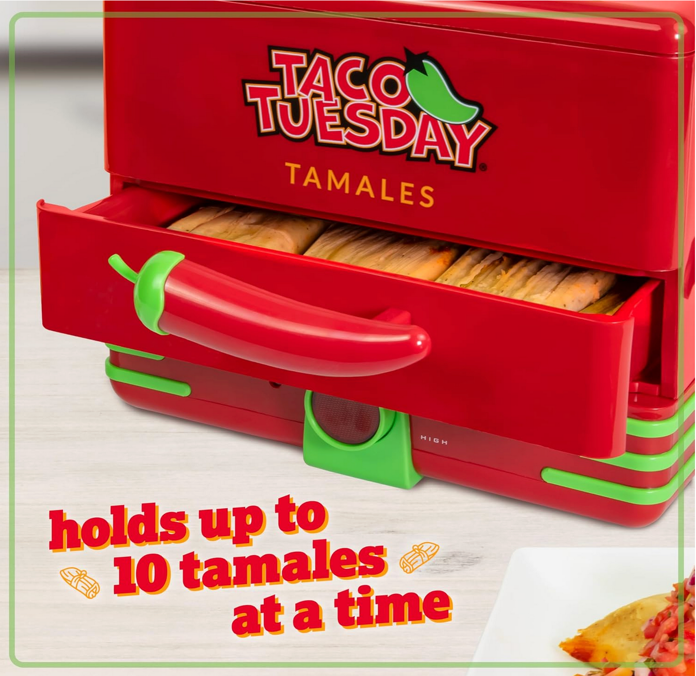 2-Tier Electric Food Steamer for Tamales, Veggies, Potstickers, Hot Dogs, and Eggs — Red & Green